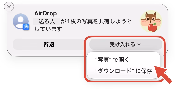 写真を受け取るときのAirDropの通知。「受け入れる」をクリックし、「“写真”で開く」または「“ダウンロード”に保存」を選ぶ
